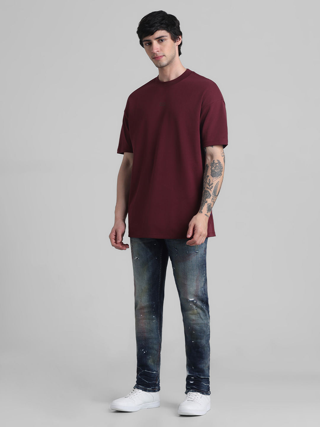 Maroon Logo Text Oversized Crew Neck T-shirt