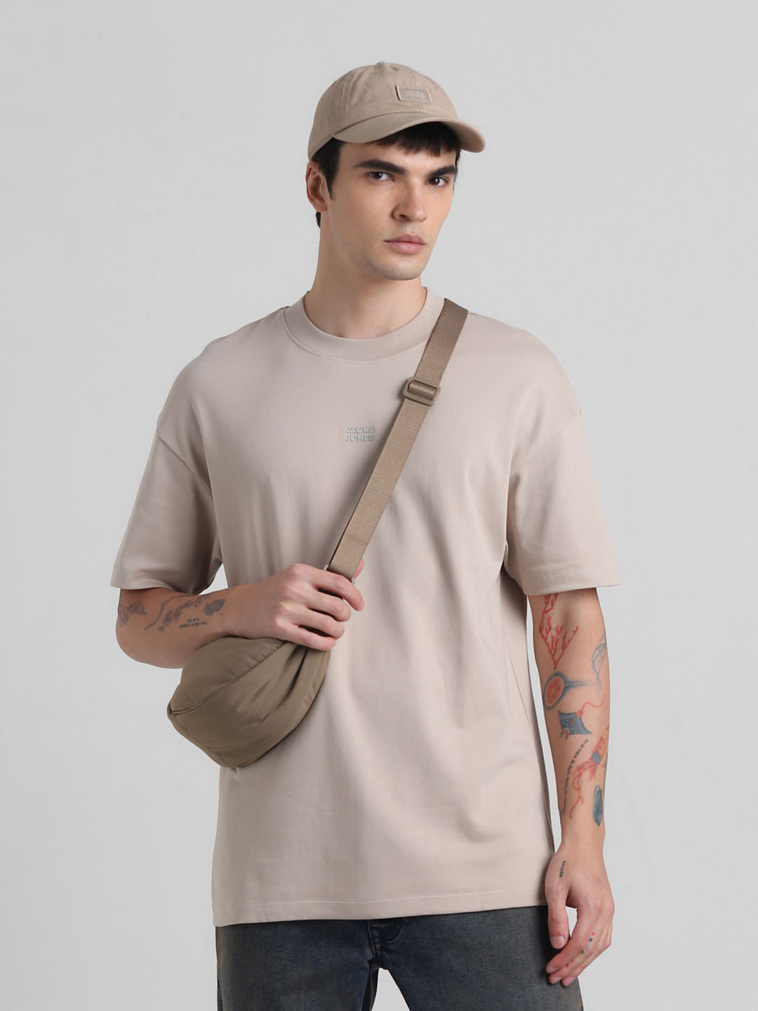 Beige Logo Text Oversized Crew Neck T-shirt - S