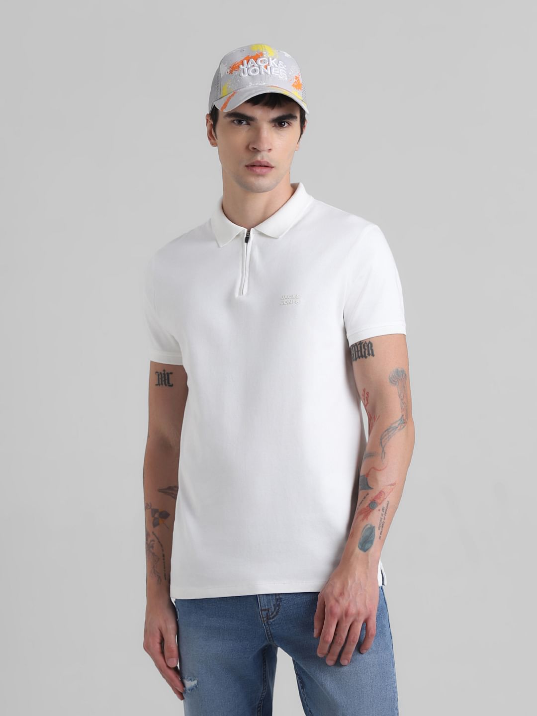 White Zip Detail Polo T-shirt - S