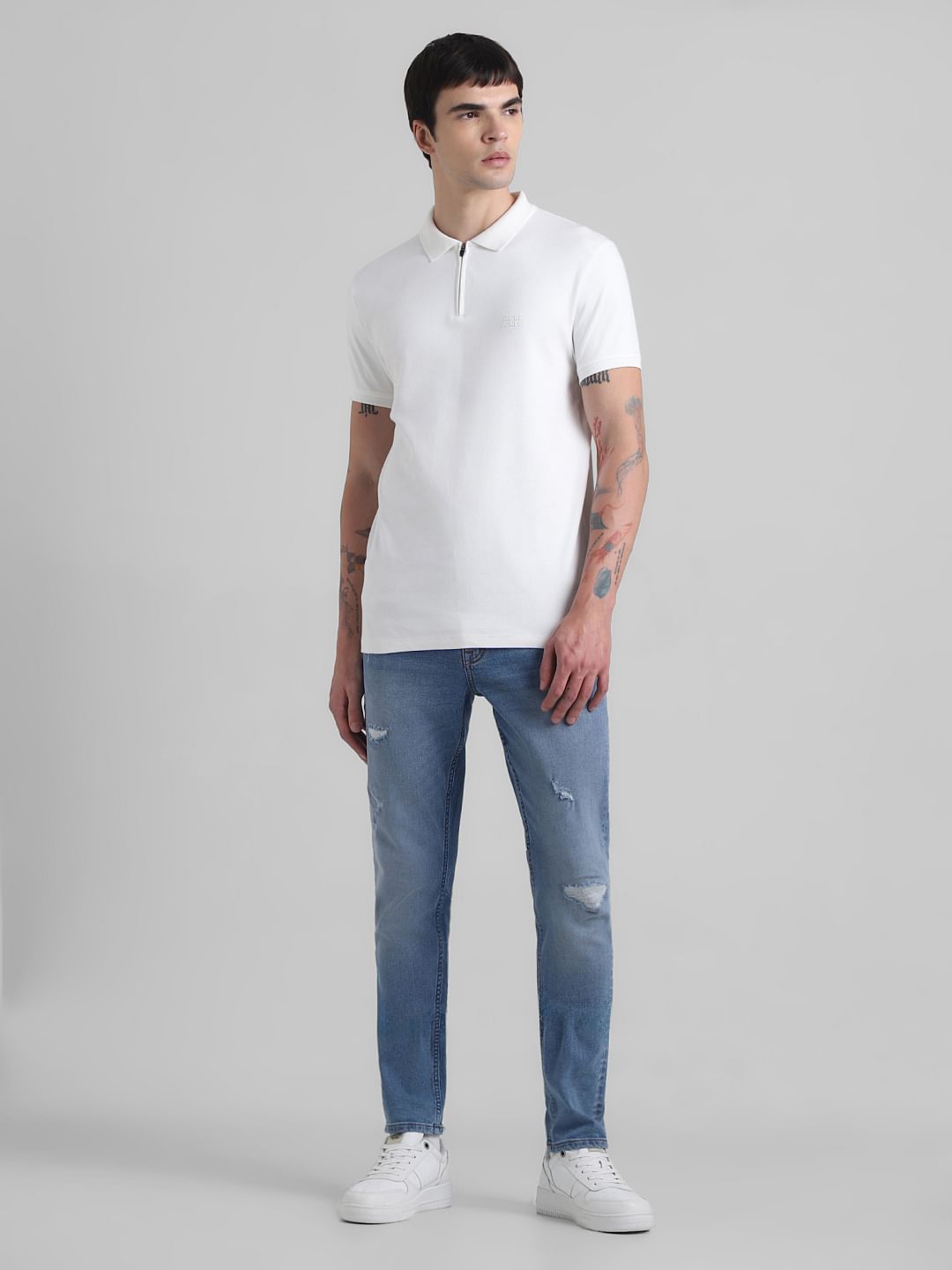 White Zip Detail Polo T-shirt
