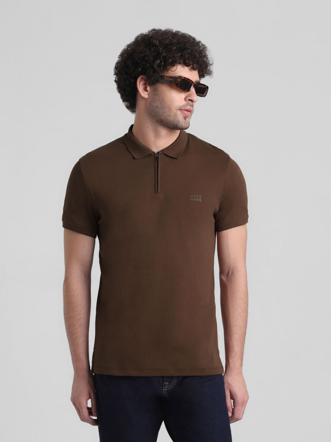 Brown Zipped Cotton Polo