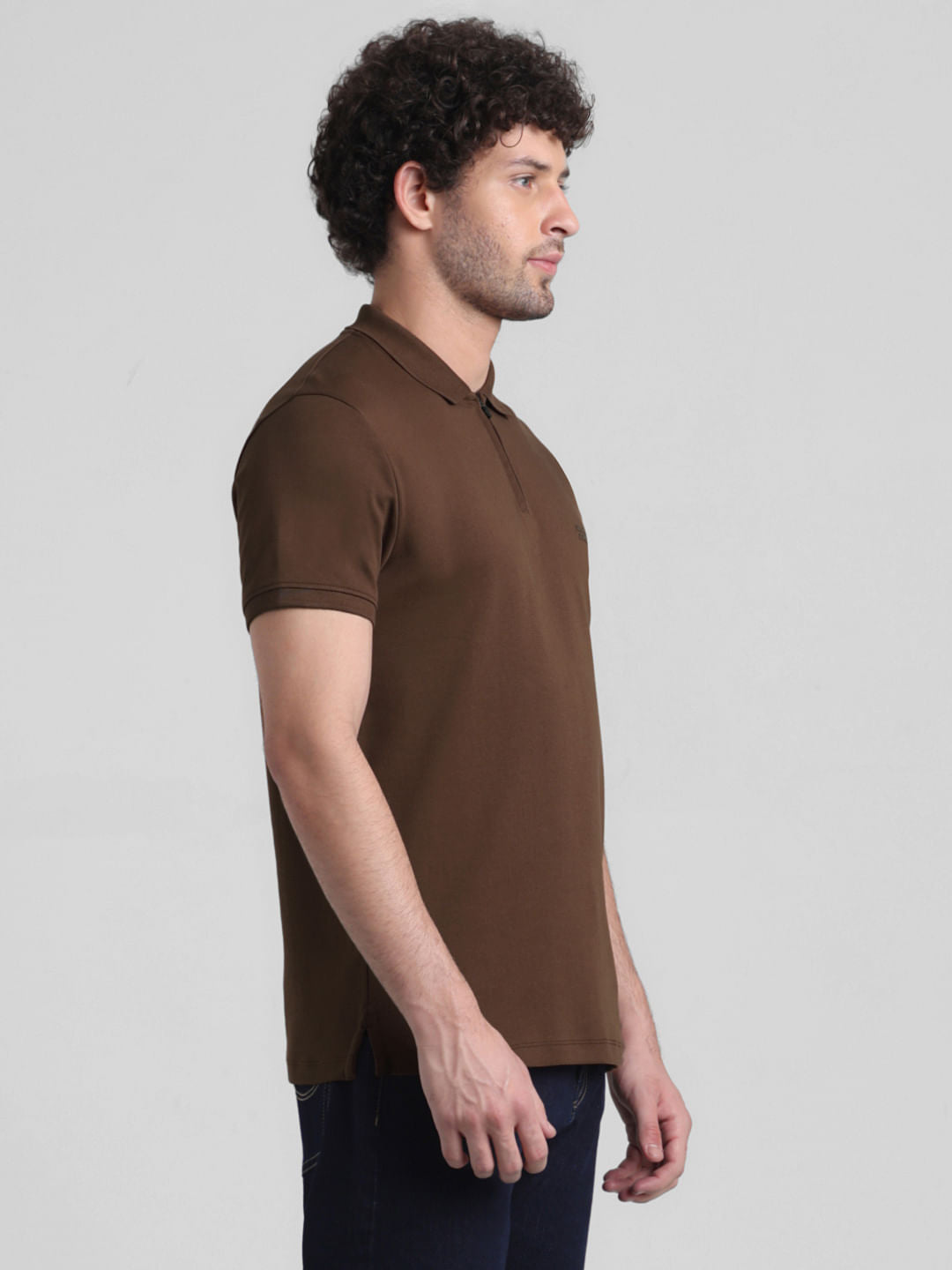 Brown Zipped Cotton Polo
