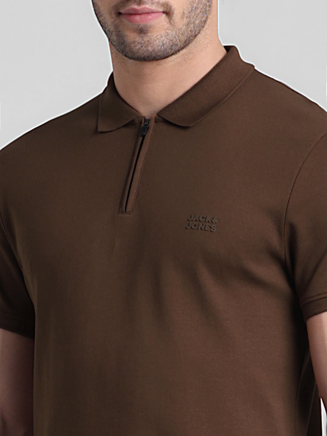 Brown Zipped Cotton Polo