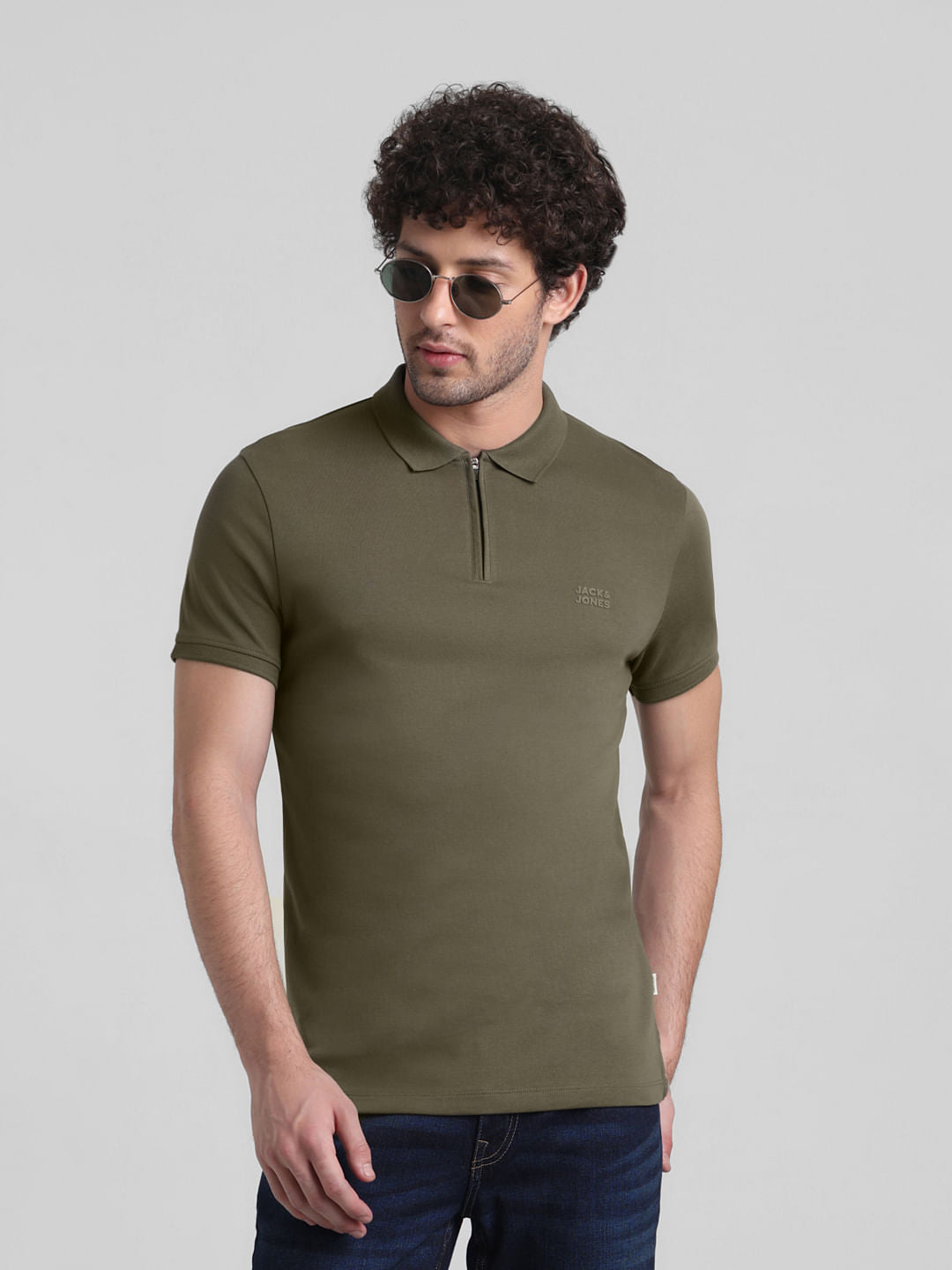 Dark Green Zipped Cotton Polo - S
