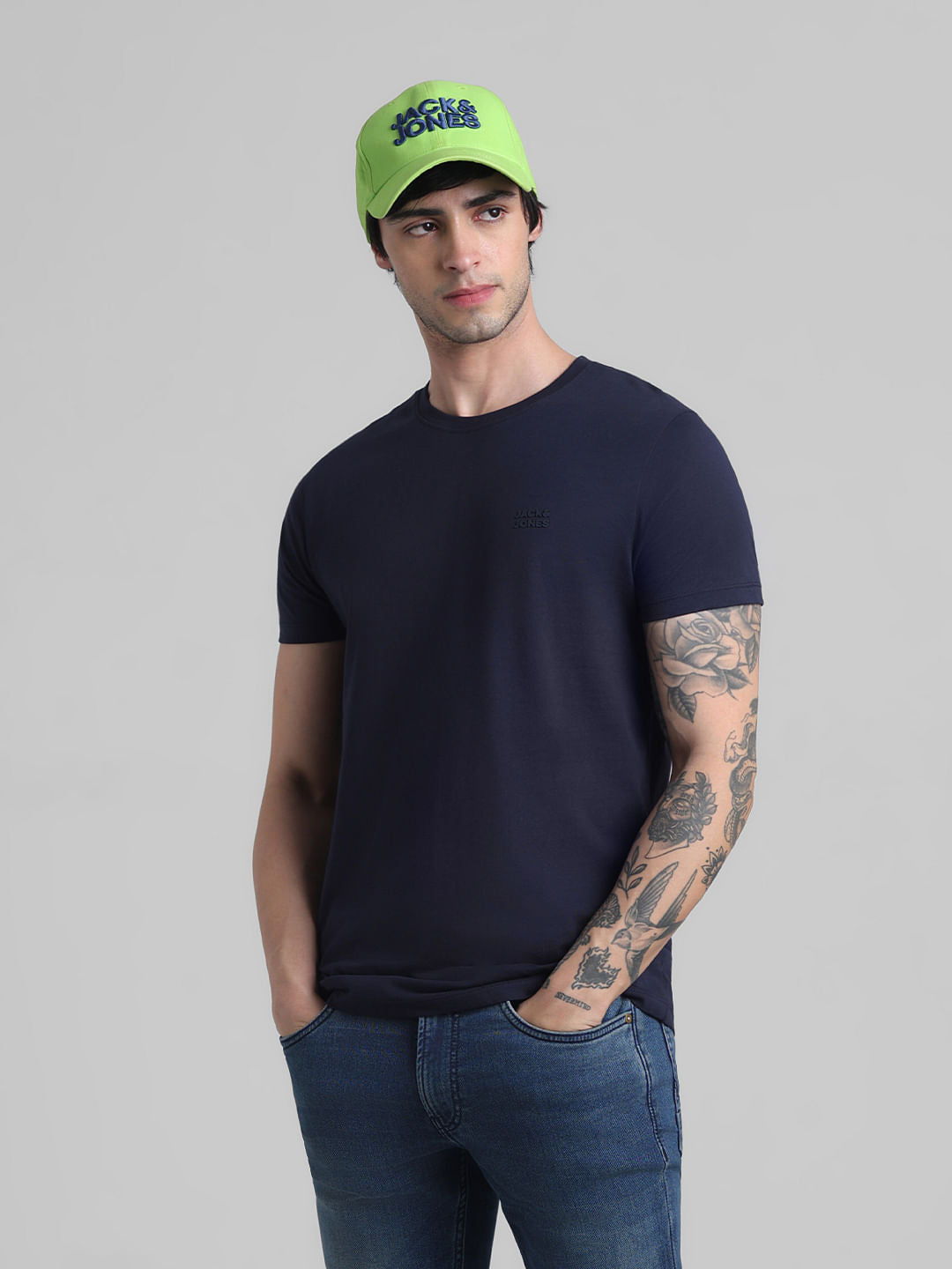 Navy Blue Logo Text Crew Neck T-shirt - S