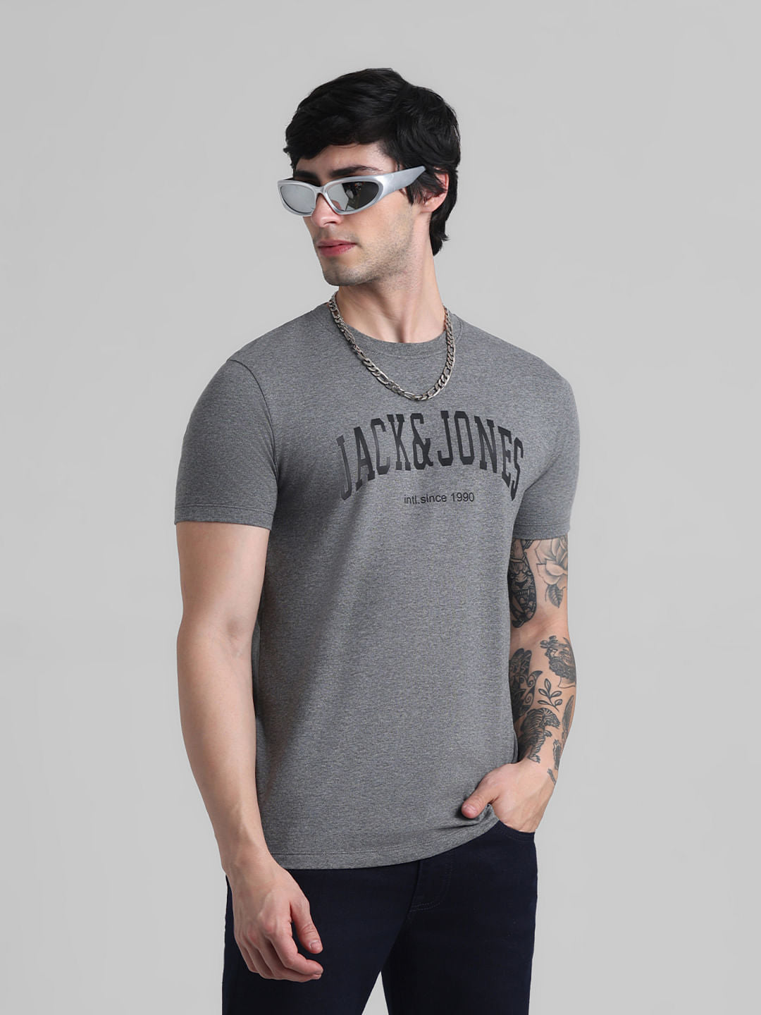 Grey Logo Text Crew Neck T-shirt