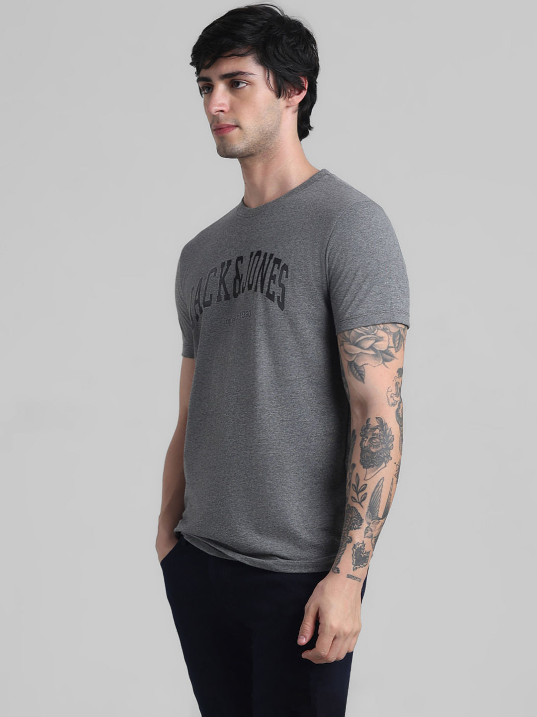 Grey Logo Text Crew Neck T-shirt