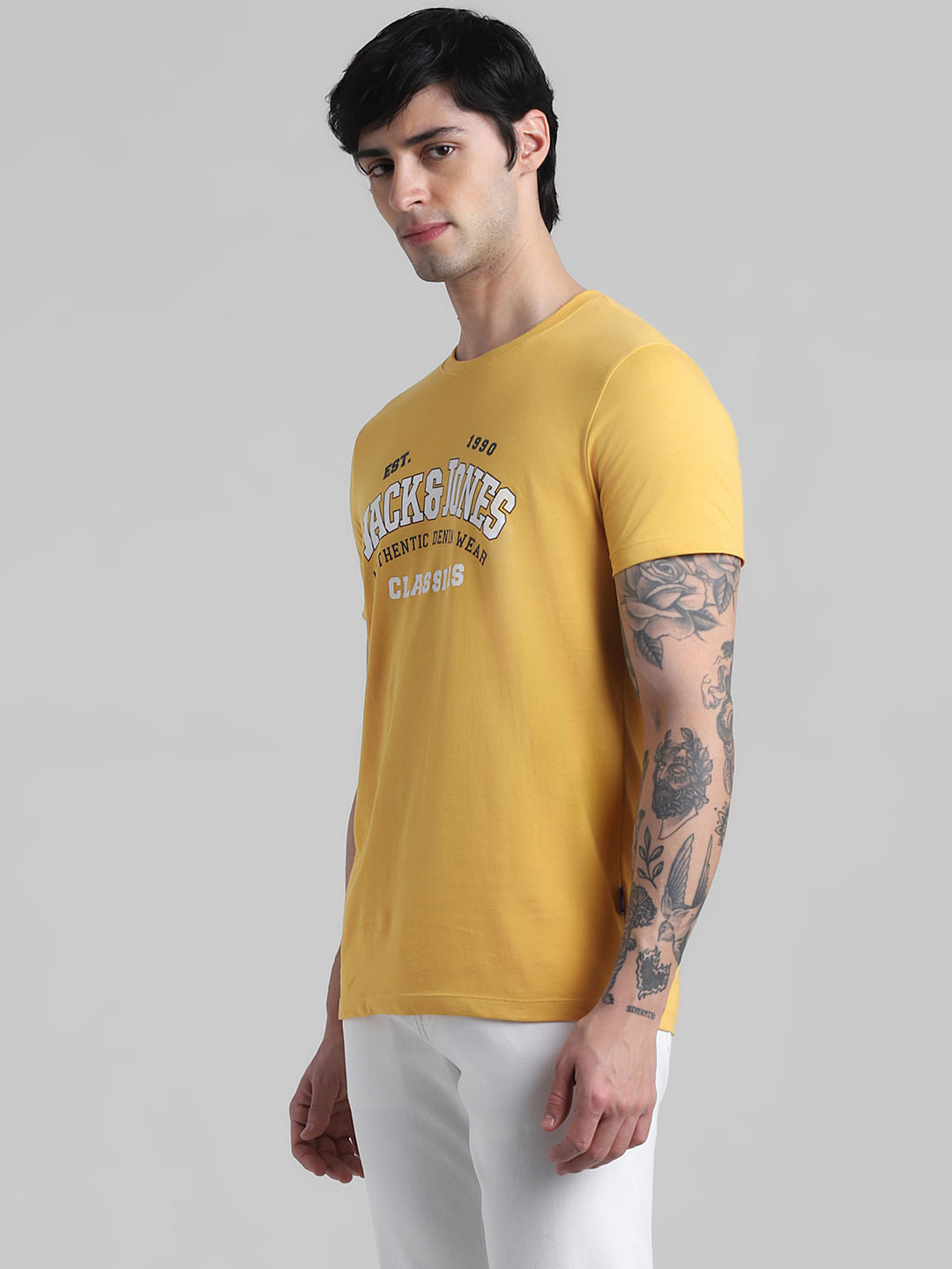 Yellow Logo Text Crew Neck T-shirt