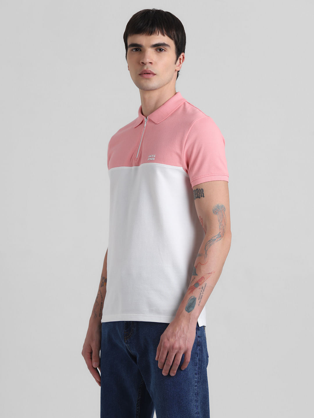 Pink Colourblocked Zip-Up Polo