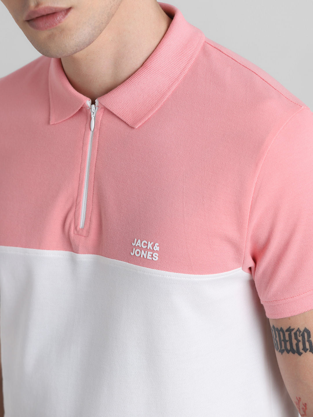 Pink Colourblocked Zip-Up Polo