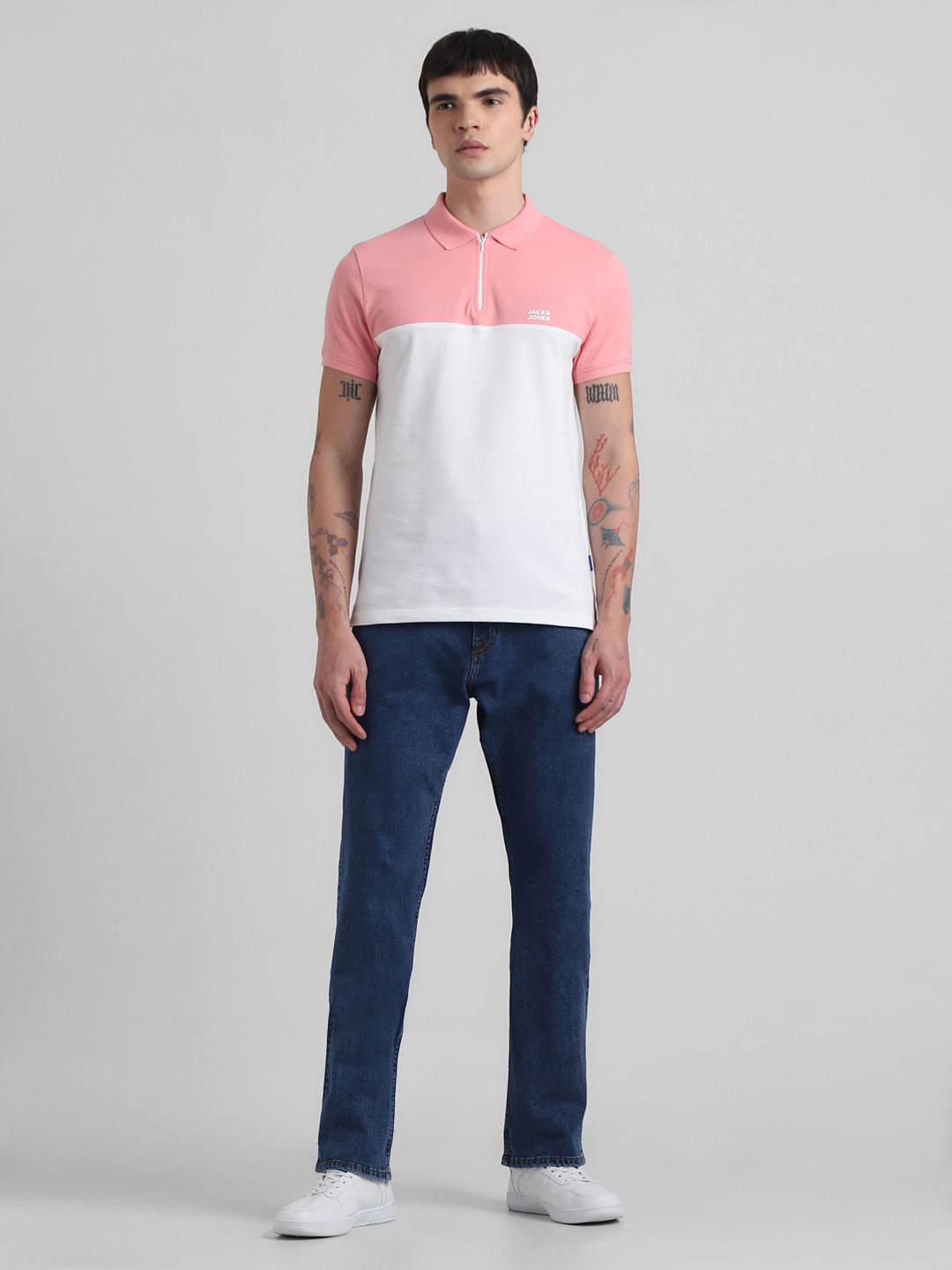 Pink Colourblocked Zip-Up Polo