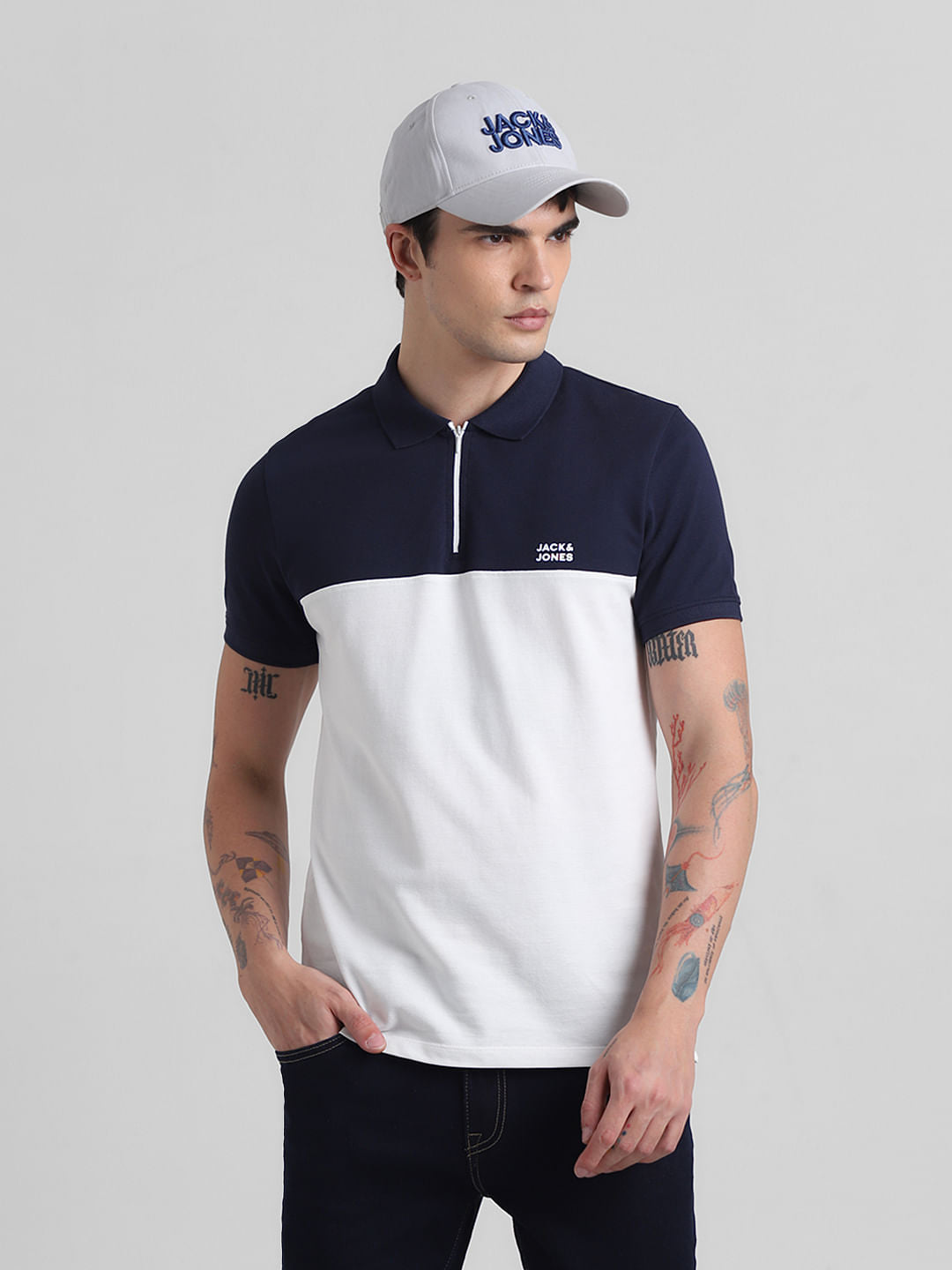 Navy Blue Colourblocked Zip-Up Polo - S