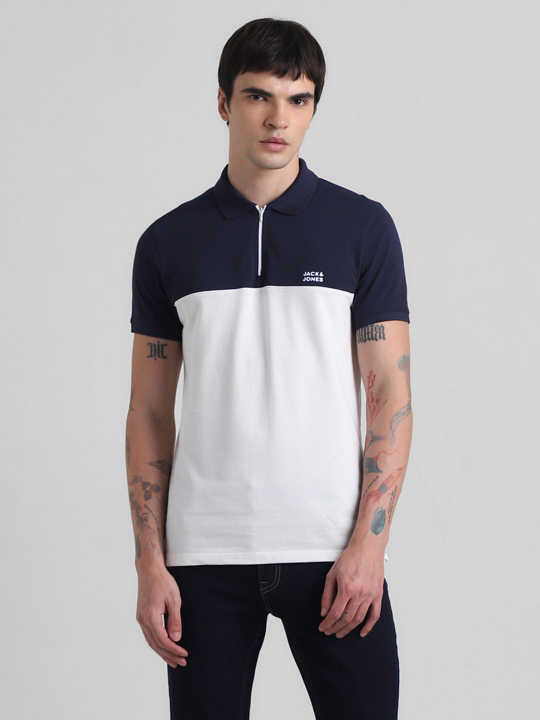 Navy Blue Colourblocked Zip-Up Polo