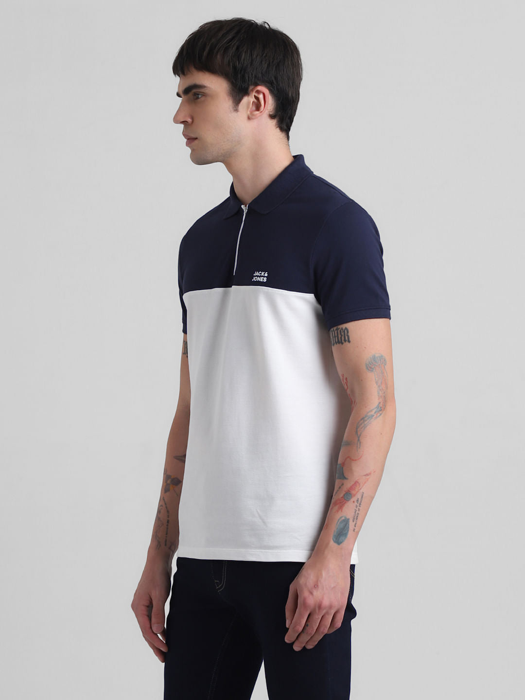 Navy Blue Colourblocked Zip-Up Polo