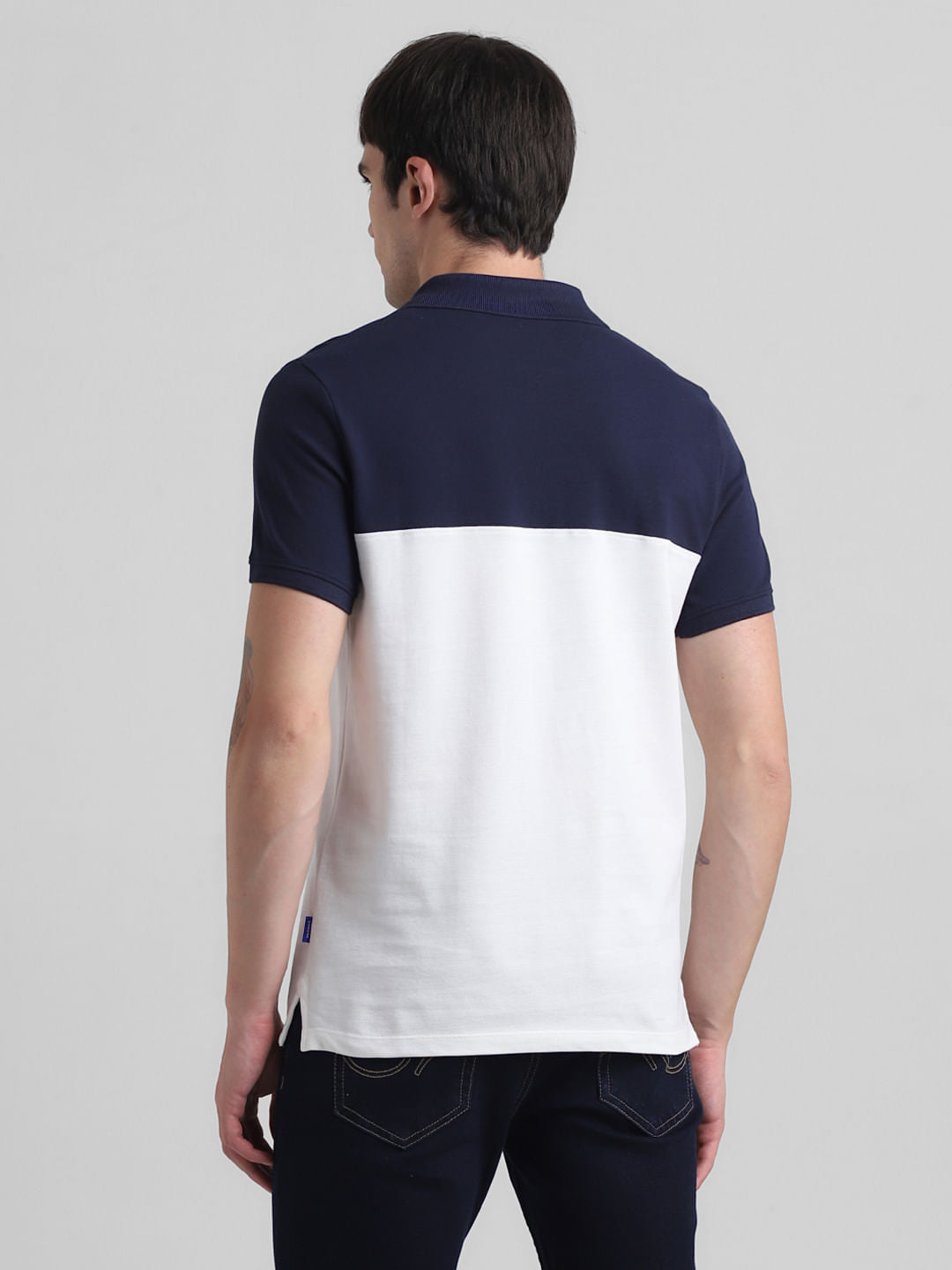 Navy Blue Colourblocked Zip-Up Polo