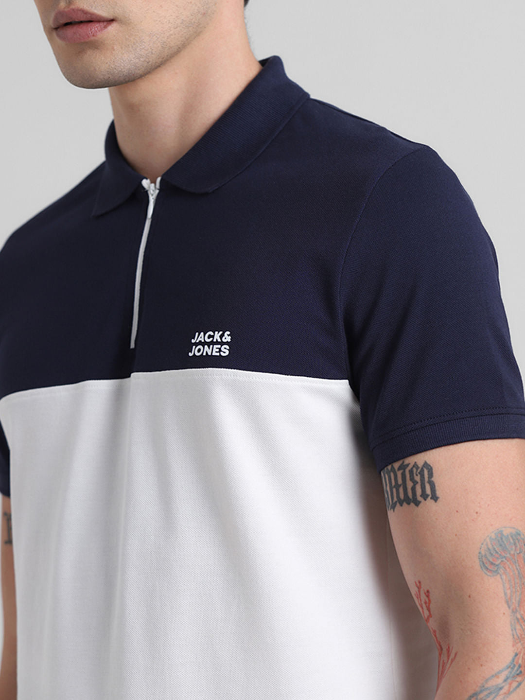 Navy Blue Colourblocked Zip-Up Polo