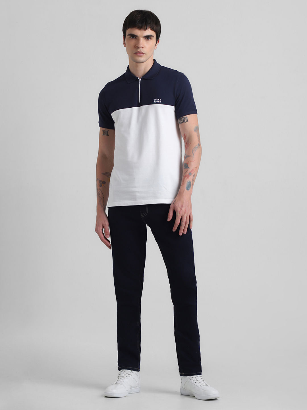 Navy Blue Colourblocked Zip-Up Polo