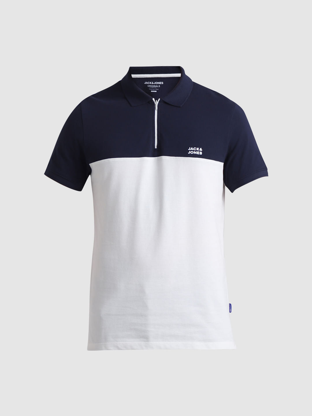 Navy Blue Colourblocked Zip-Up Polo
