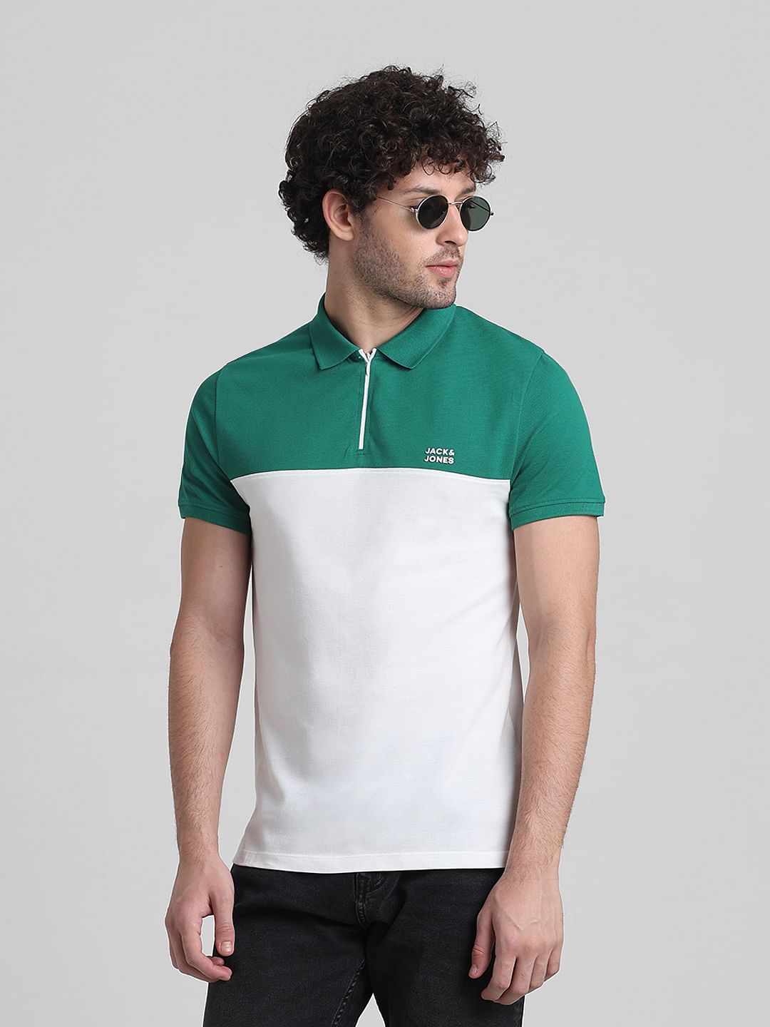 Green Zipped Colourblocked Polo - S