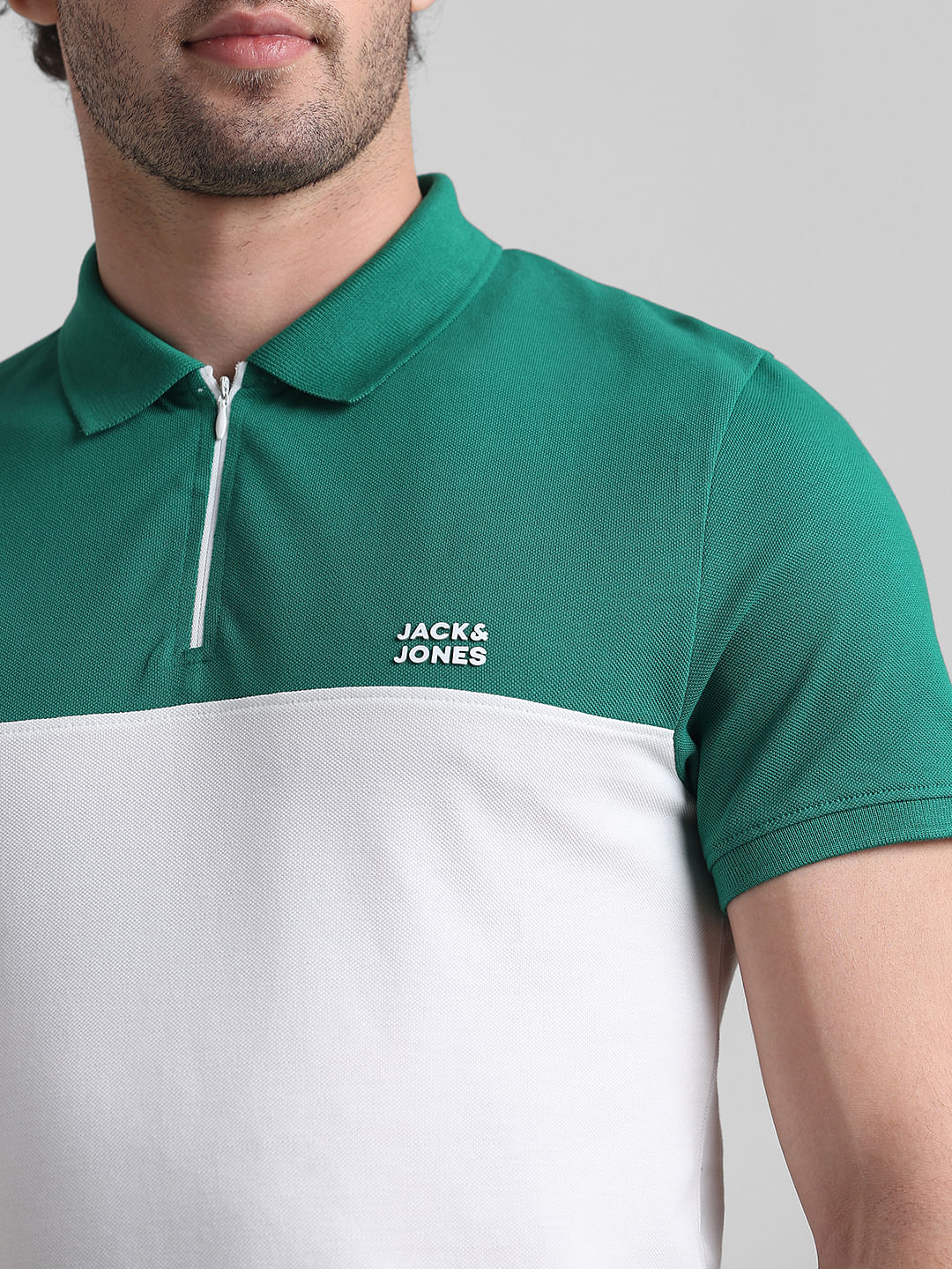 Green Zipped Colourblocked Polo