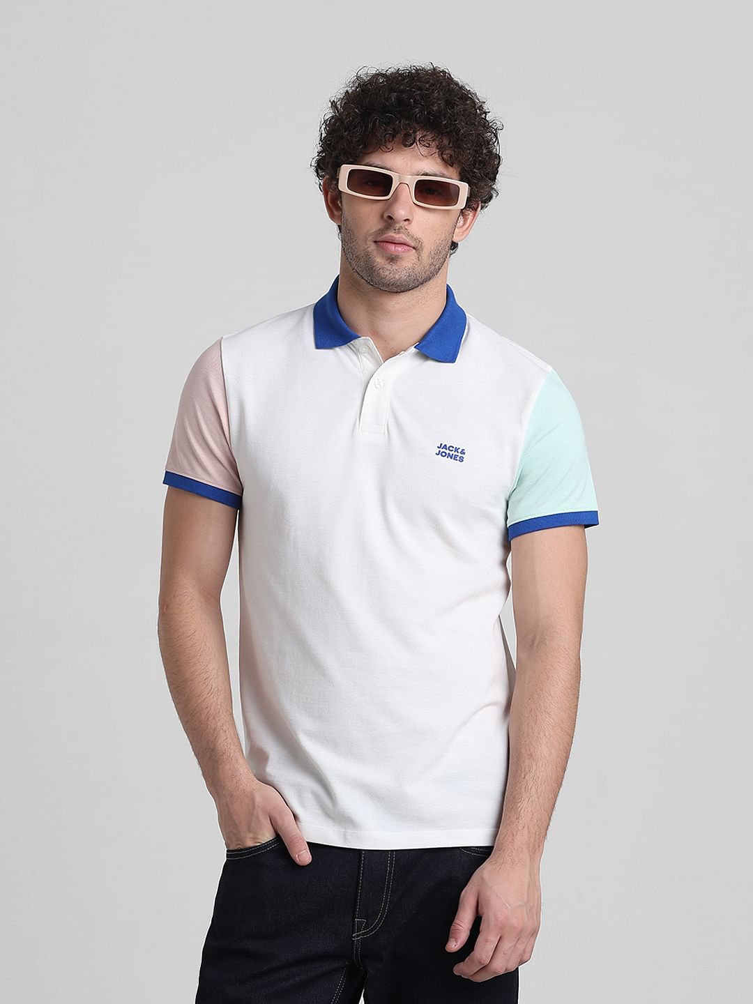 White Cotton Colourblocked Polo - S