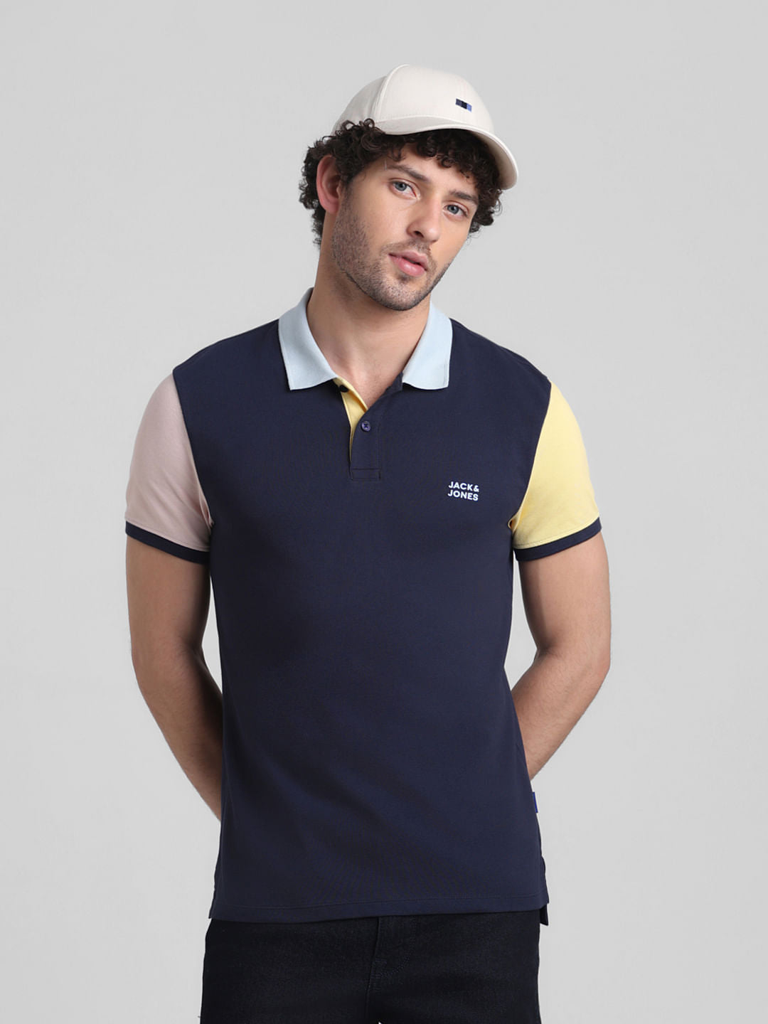 Navy Blue Cotton Colourblocked Polo - S