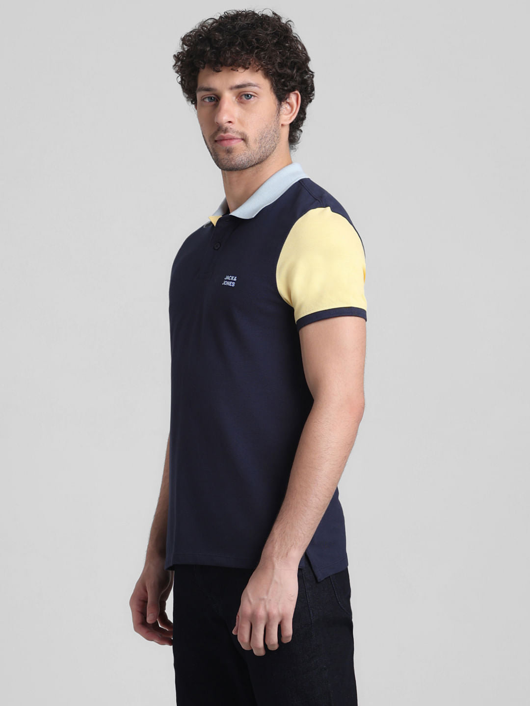 Navy Blue Cotton Colourblocked Polo