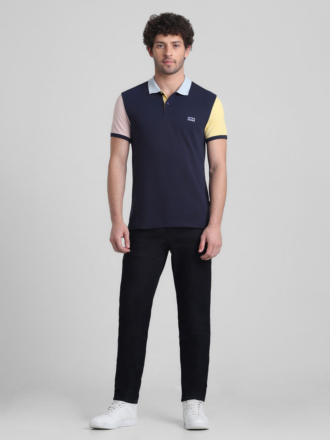 Navy Blue Cotton Colourblocked Polo