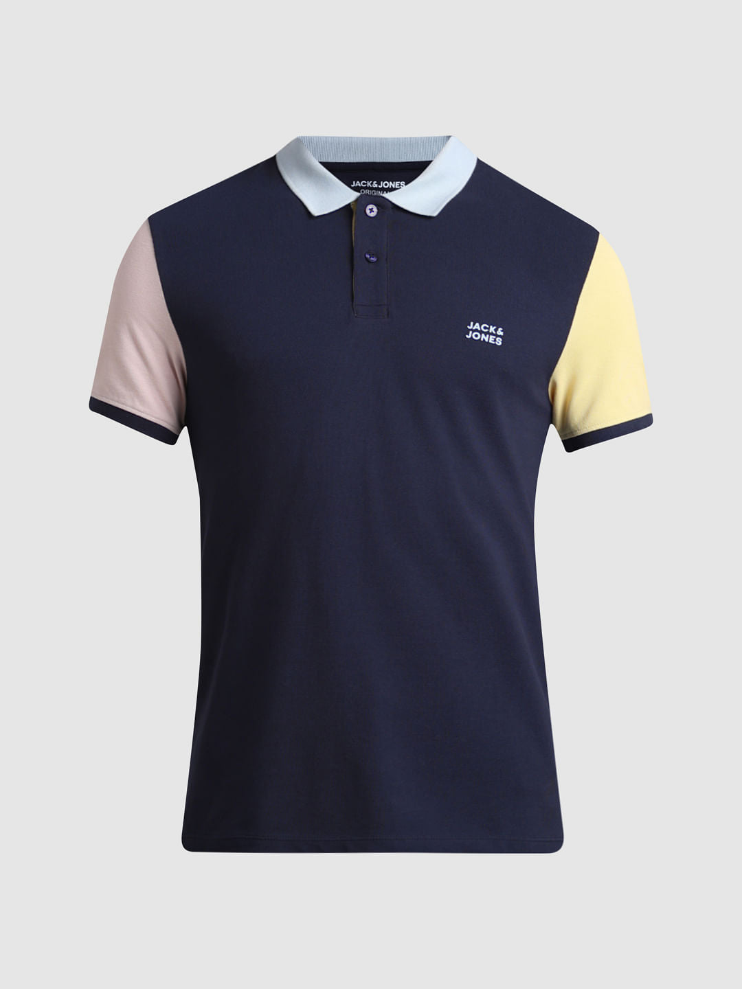 Navy Blue Cotton Colourblocked Polo