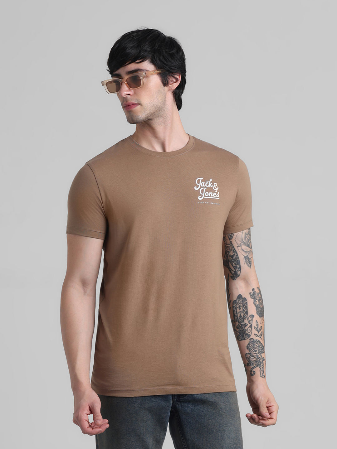Brown Chest Branding Crew Neck T-shirt - S