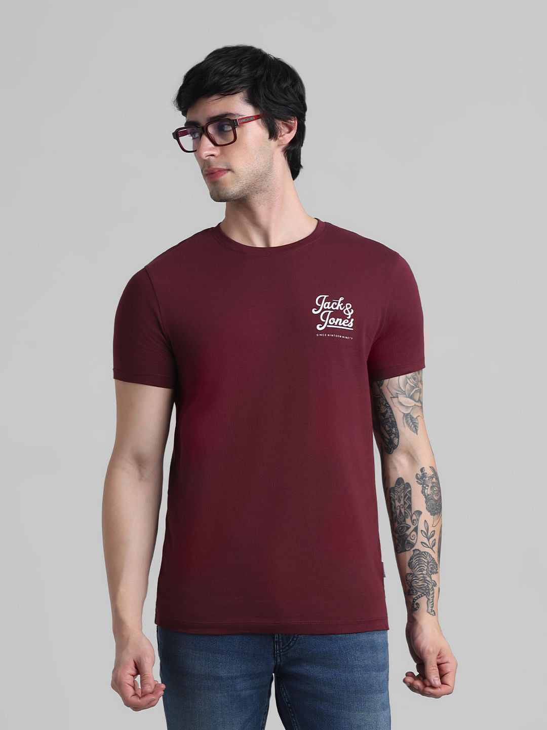 Maroon Chest Branding Crew Neck T-shirt - S