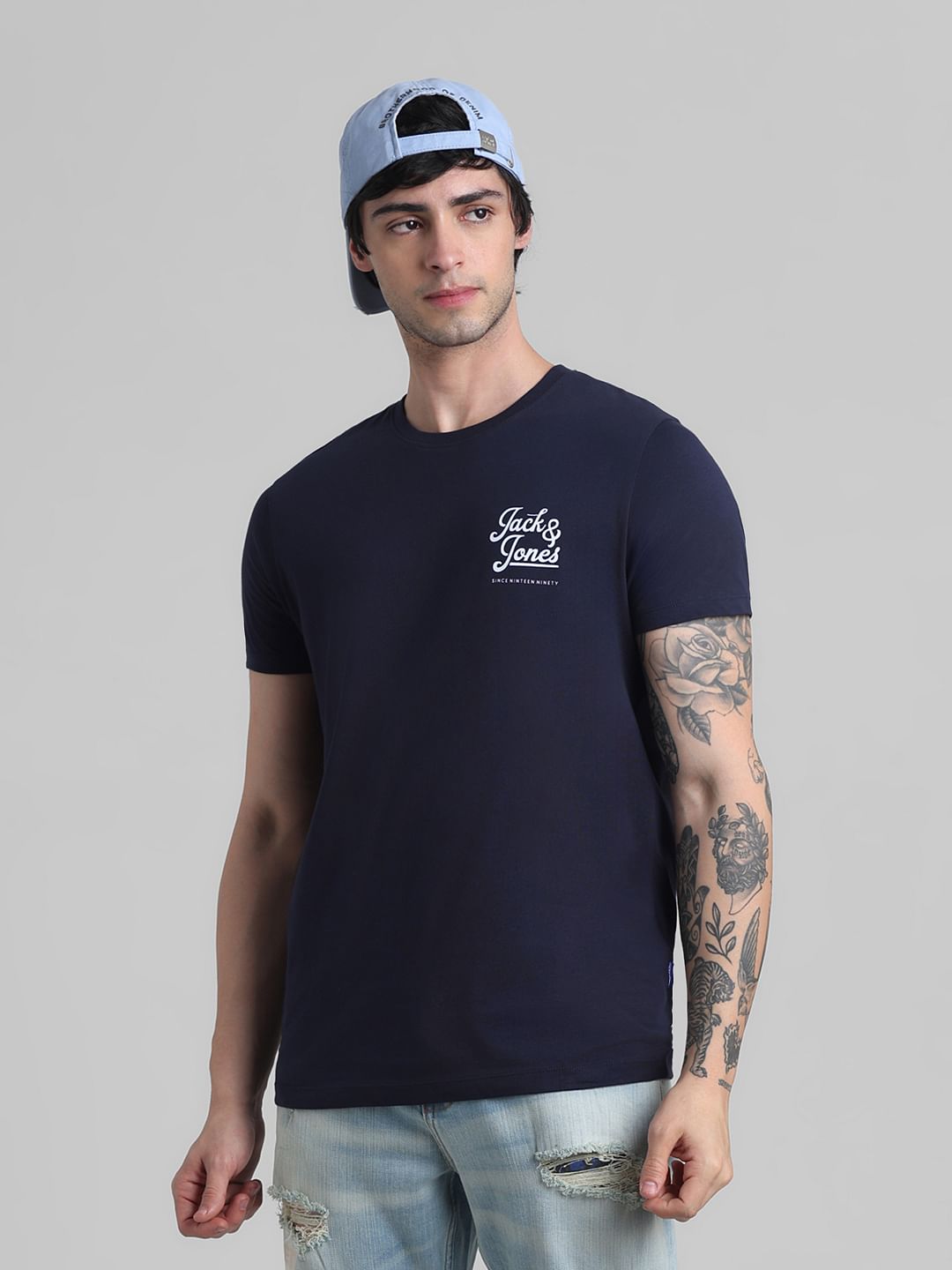 Navy Blue Chest Branding Crew Neck T-shirt - S