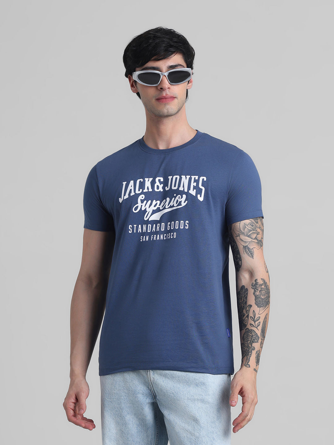 Blue Logo Print Crew Neck T-shirt