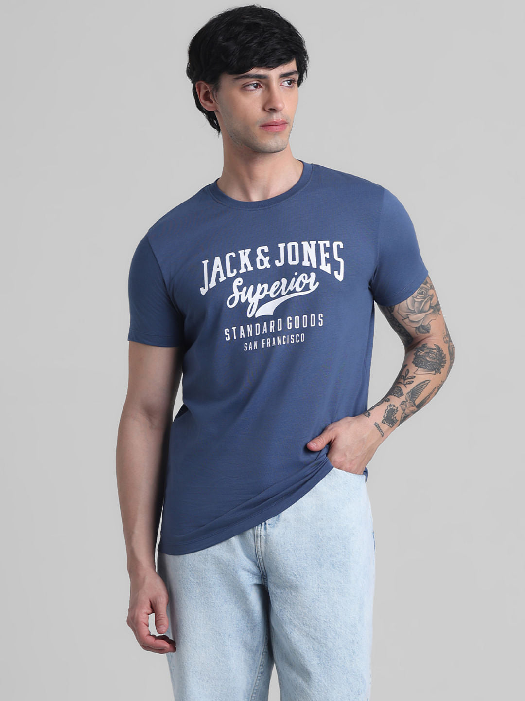 Blue Logo Print Crew Neck T-shirt