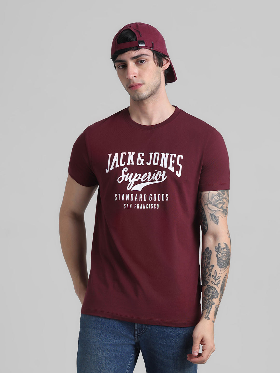 Maroon Logo Print Crew Neck T-shirt - S