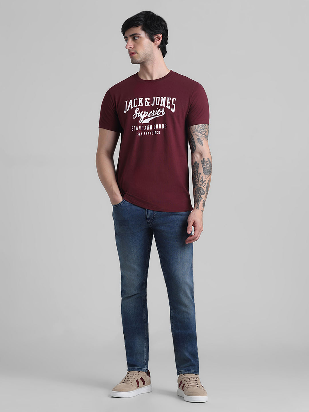 Maroon Logo Print Crew Neck T-shirt