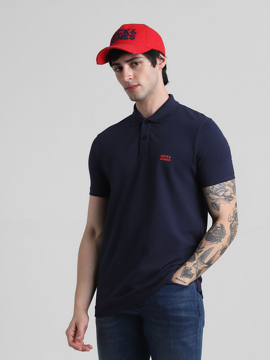 Navy Blue Logo Text Cotton Polo - L