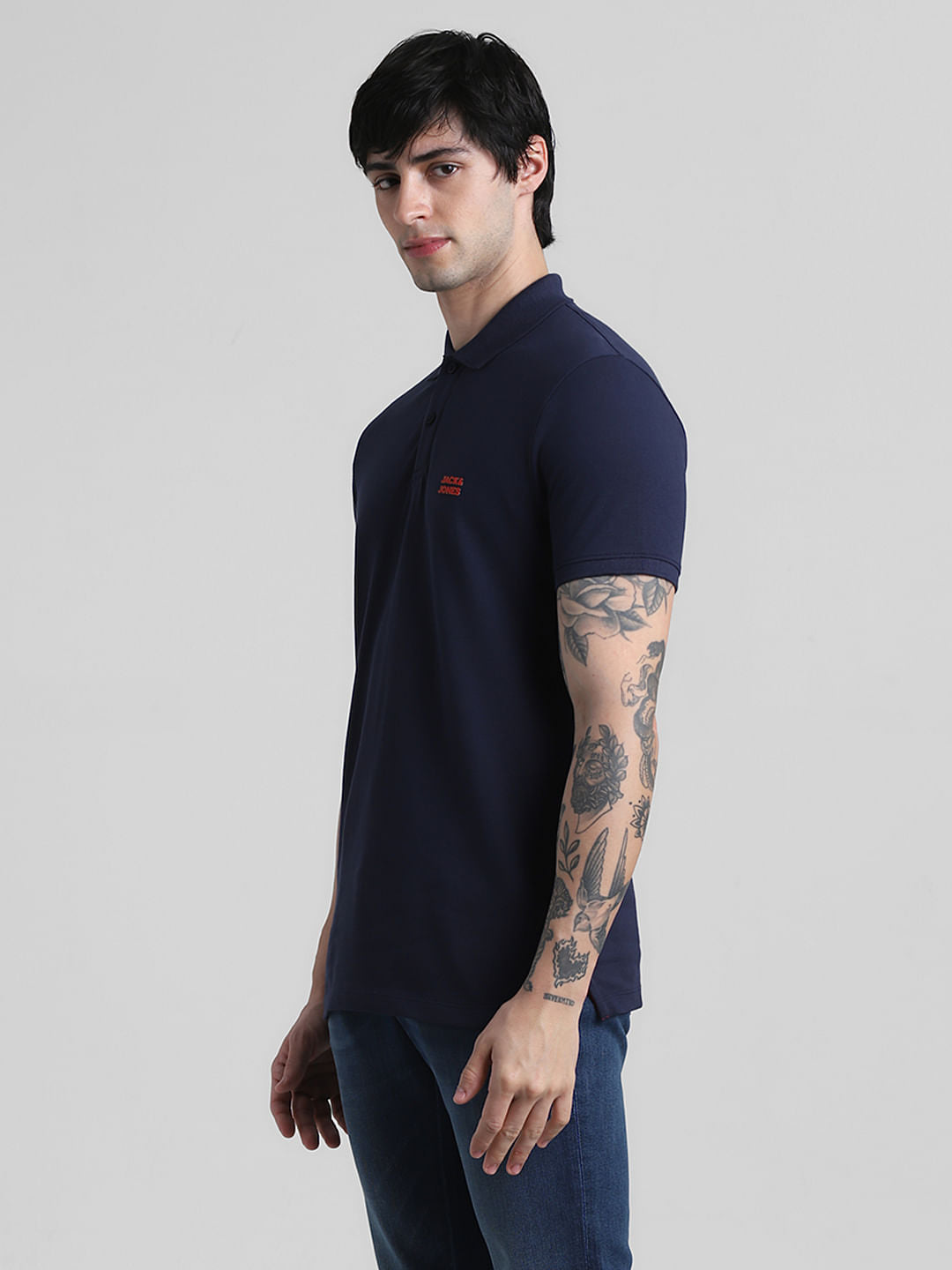 Navy Blue Logo Text Cotton Polo