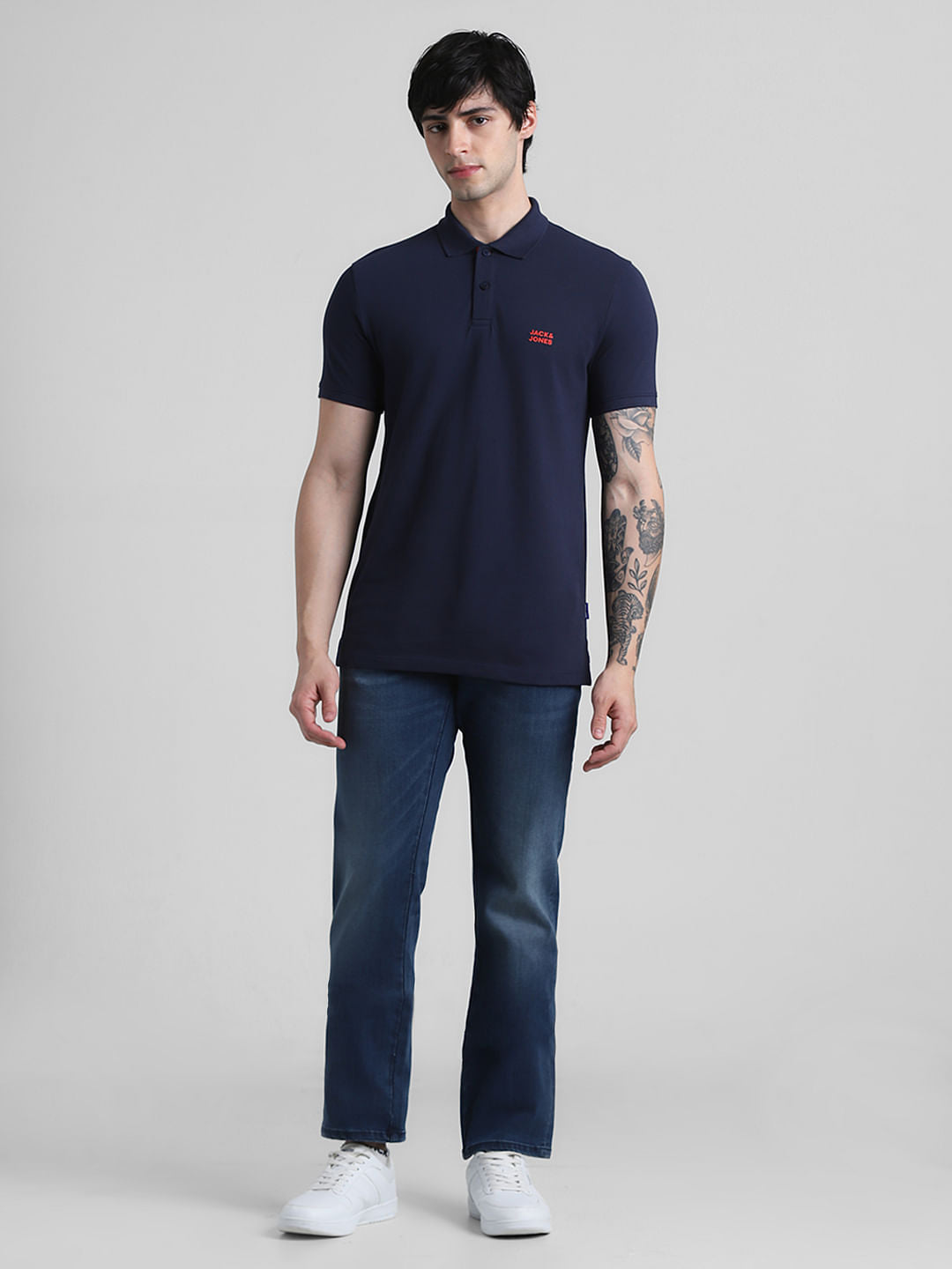 Navy Blue Logo Text Cotton Polo