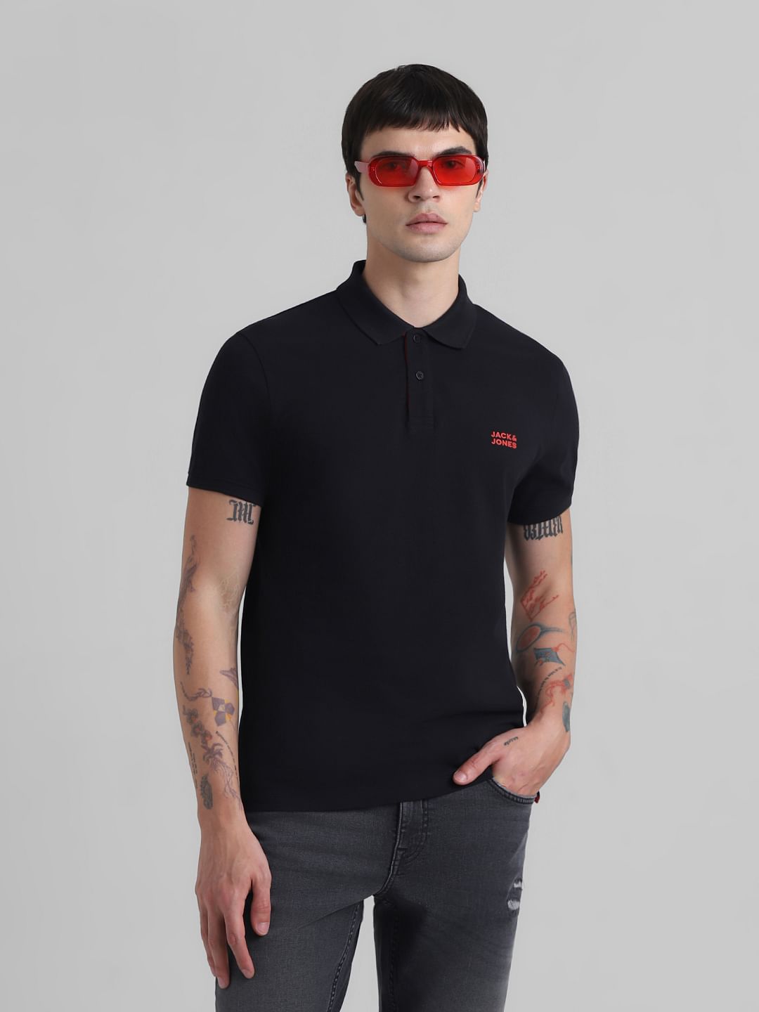 Black Cotton Polo T-shirt - S