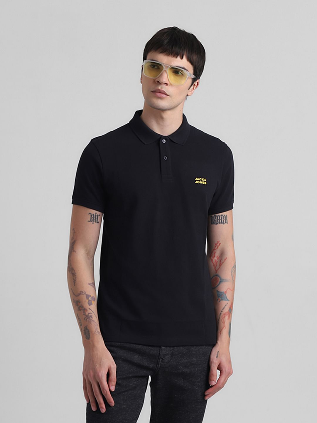 Black Logo Text Cotton Polo - S