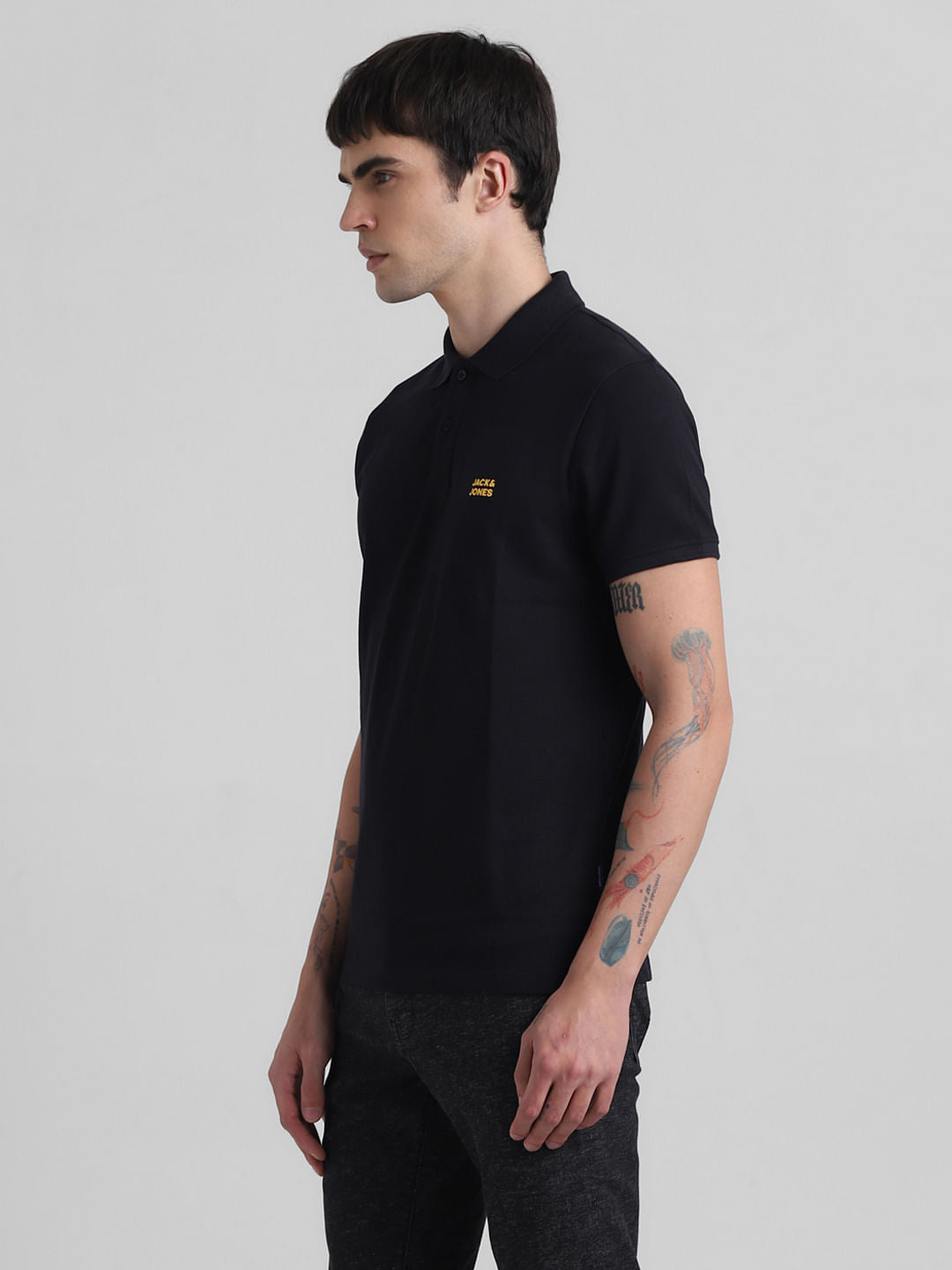 Black Logo Text Cotton Polo