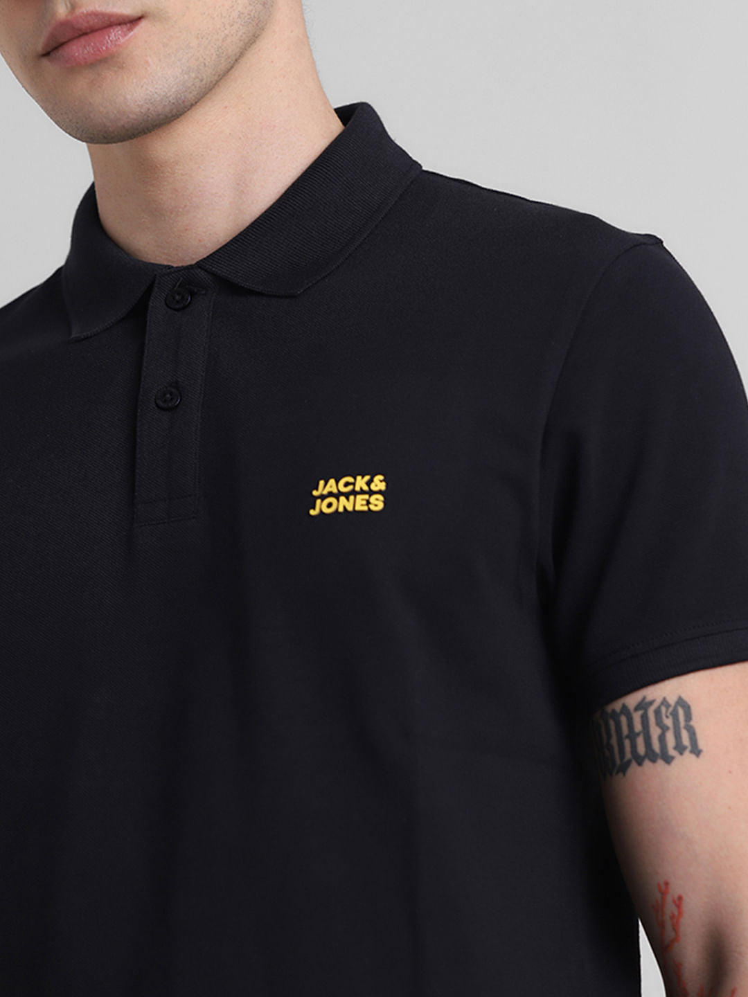 Black Logo Text Cotton Polo