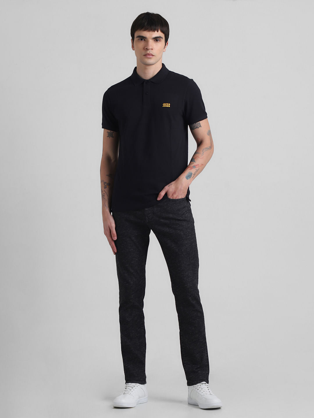 Black Logo Text Cotton Polo