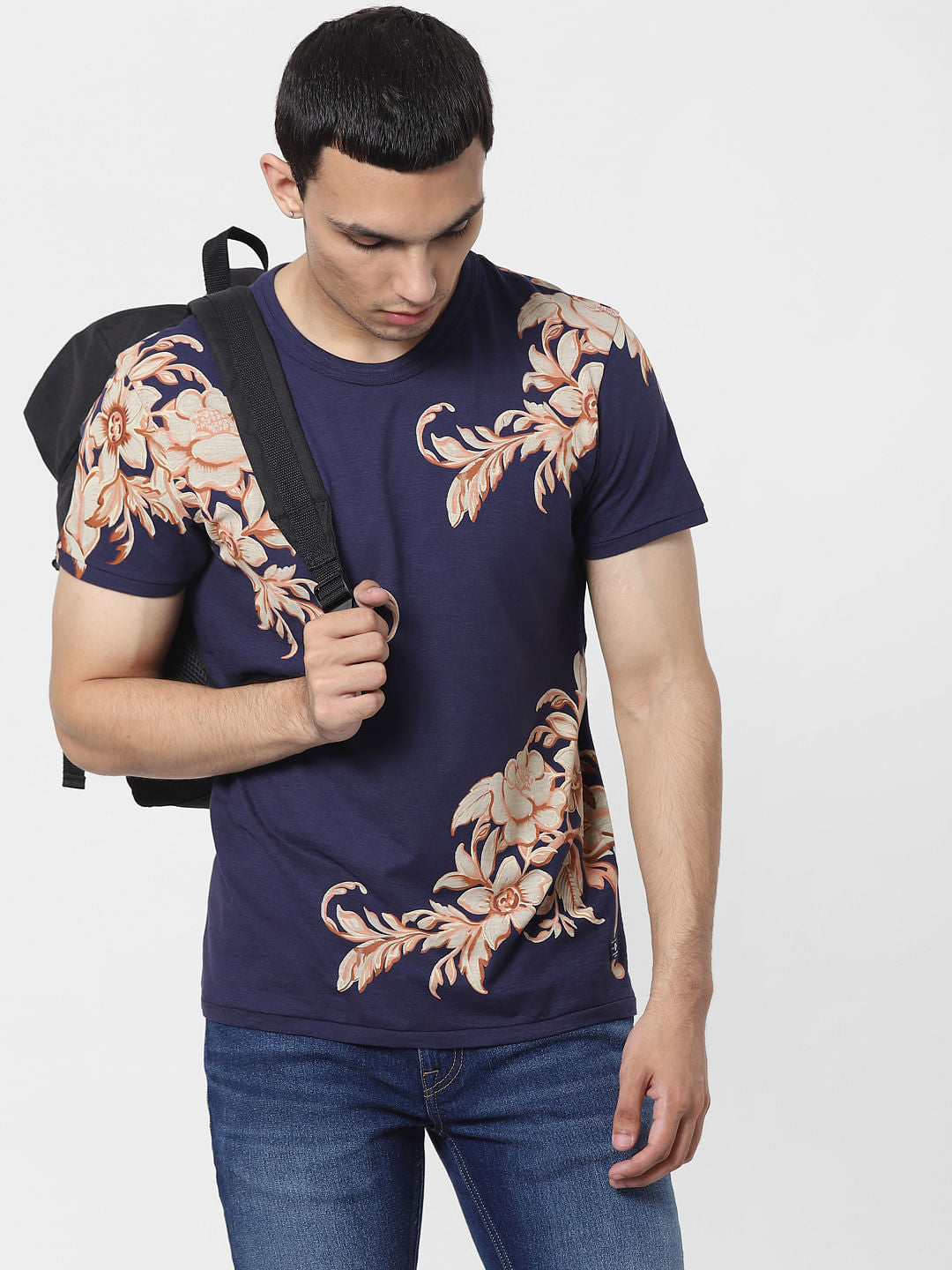 Blue Floral Crew Neck T-shirt - S