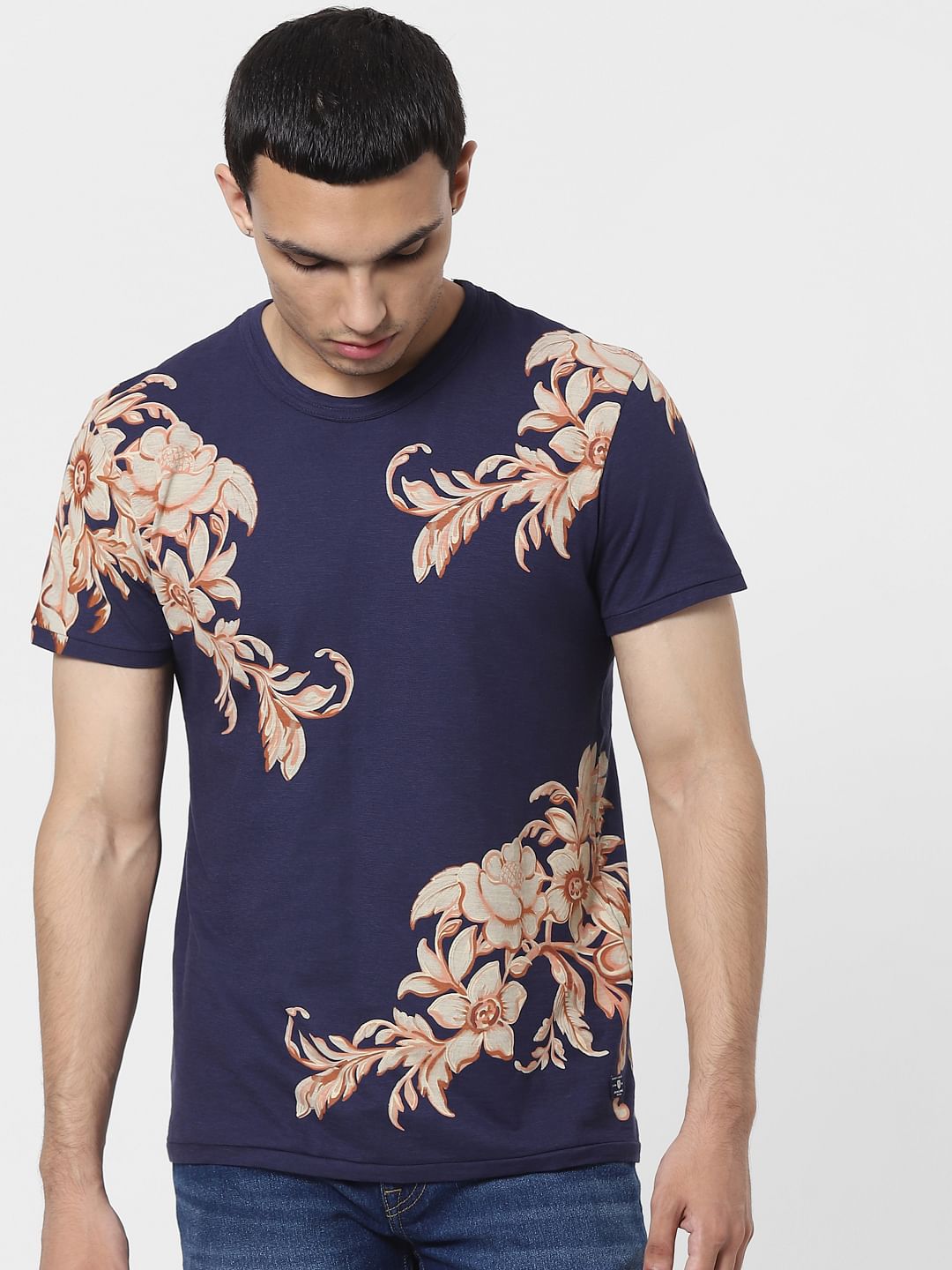 Blue Floral Crew Neck T-shirt