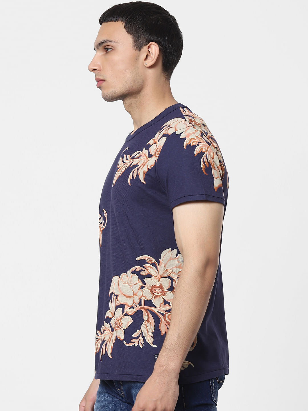 Blue Floral Crew Neck T-shirt