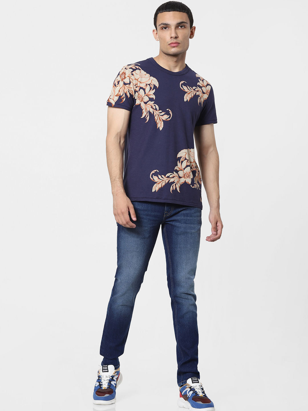 Blue Floral Crew Neck T-shirt