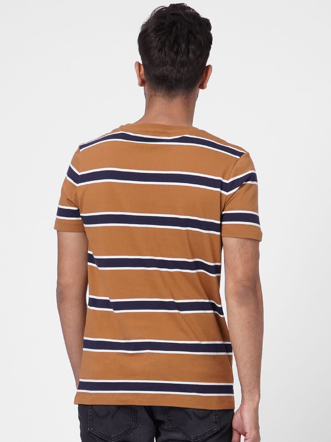 Brown Striped Crew Neck T-shirt