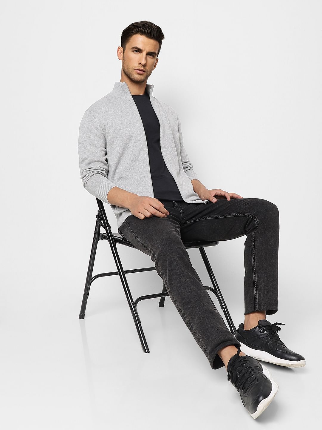 Grey High Neck Cardigan - S
